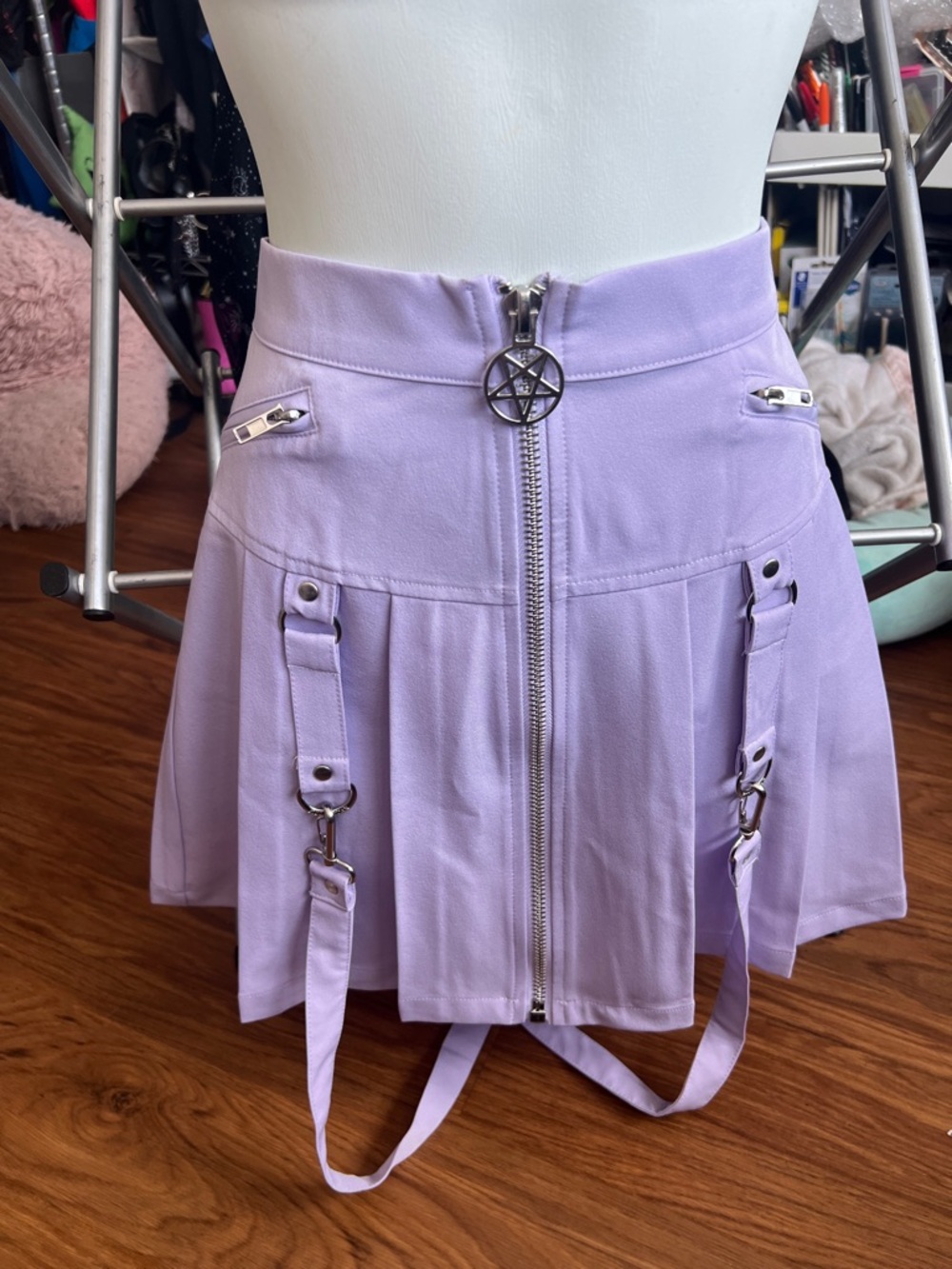 Killstar Lavender Pleated Mini Skirt with Pentagram Zip